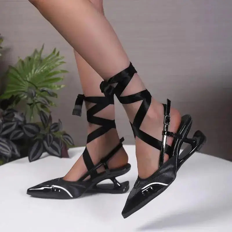 Cyflymder  Spliced Shallow Fork Lace-up Wrapped Head Back Empty Sandals Women's Summer Pointed Toe Non-Slip High Heels