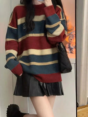 Cyflymder  Harajuku Lazy Wind Striped Sweater Women Vintage Oversize Letter Knitted Tops Retro Loose Long Sleeve Pullovers