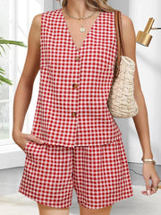 Cyflymder  Stylish Women s 2-Piece Set with Plaid Print V-Neck Tank Top and Elastic Shorts Perfect for Club and Streetwear Fashion
