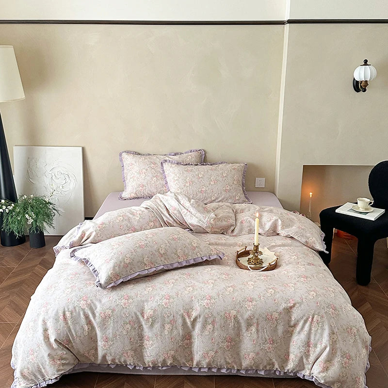 Cyflymder  Korean Princess Floral Ruffles 100% Cotton Double Layer Yarn Soft Bedding Set Single Queen King Duvet Cover Bed Sheet Pillowcase
