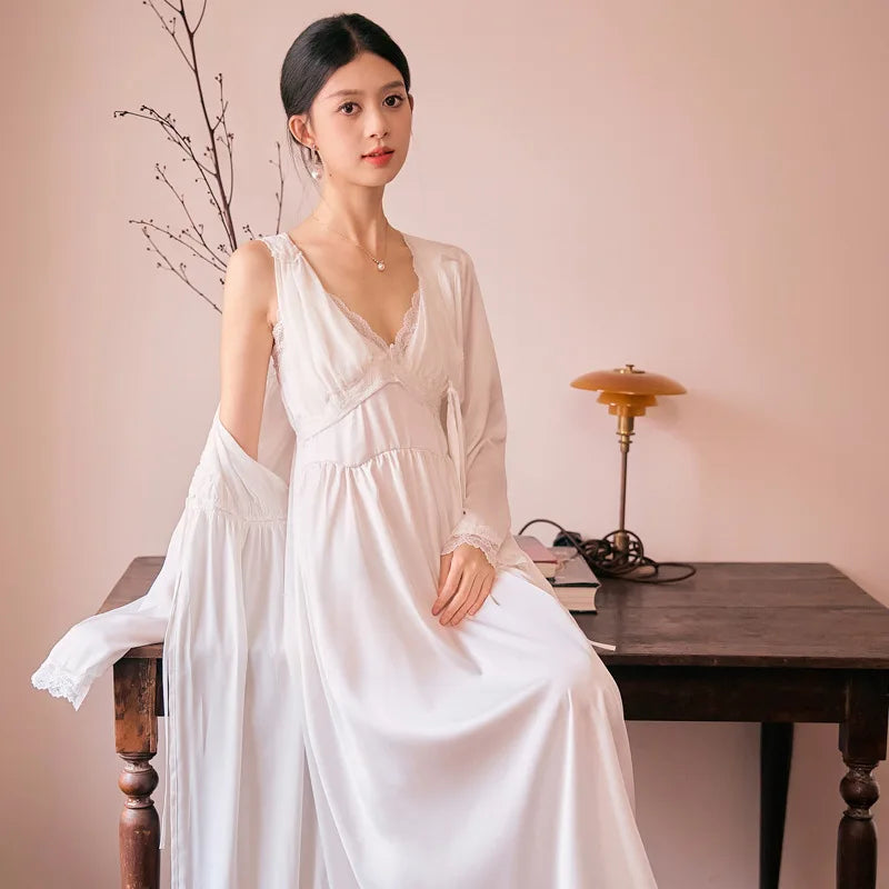 Cyflymder  White Bride Wedding Dress Robe Set 2Pcs Kimono Bathrobe Elegant Princess Style Homewear Loose Sleep Set Lady Satin Nightgown