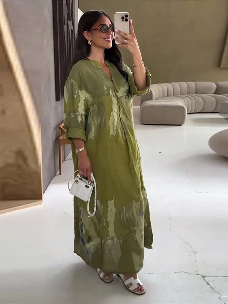 Cyflymder  Button Printed Oversize Midi Dress Women V-neck Fashion Holiday 2025 Autumn Dresses Long Sleeve Tie-dye Street Loose Female Robe