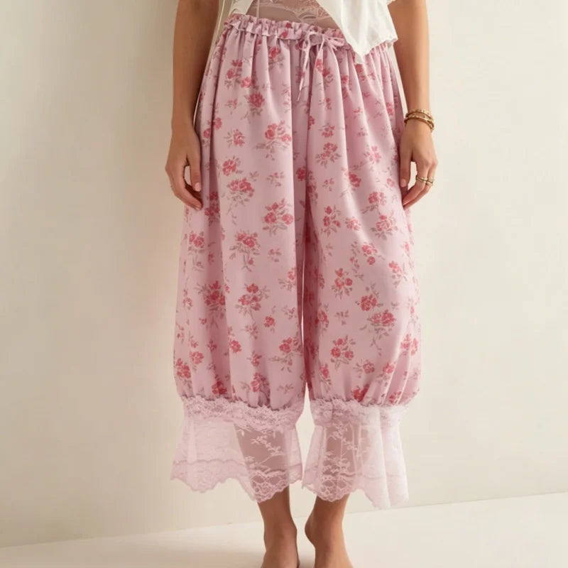 Cyflymder  Women Floral Boho Bloomer Pants Lace Trim Loose Fit Ruffle Y2K Bloomers Elastic Waist Cropped Pumpkin Pettipants Pajama Bottom