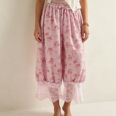 Cyflymder  Women Floral Boho Bloomer Pants Lace Trim Loose Fit Ruffle Y2K Bloomers Elastic Waist Cropped Pumpkin Pettipants Pajama Bottom