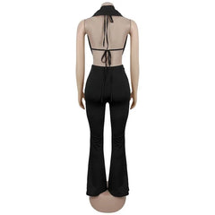 Cyflymder   Bra + Swinging Collar Halter Lace Up Backless Tank Tops + Metal Buckle Ruched Flare Pants Women Sexy 3 Piece Set Fashion Suits
