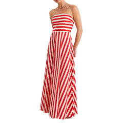 Cyflymder  Summer Classic Striped Strapless A-Line Party Dress for Cocktail Party Beach Streetwear Women's Off-Shoulder Tube Long Dress