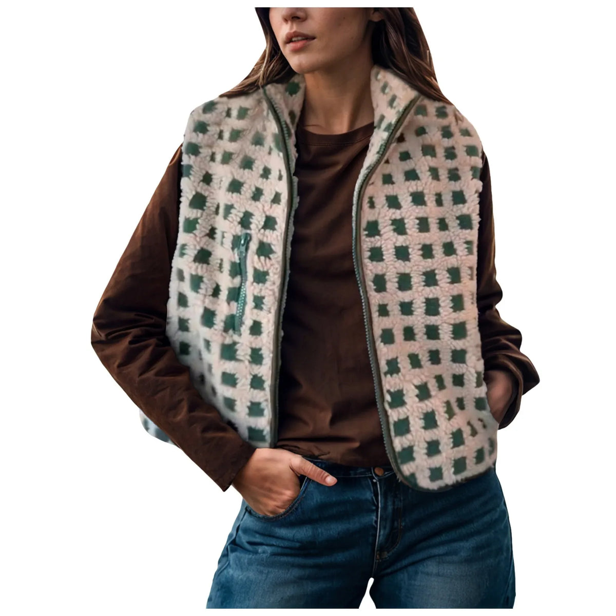 Cyflymder  Fashion Fluffy Plaid Waistcoats Women's Warm Plush Fleece Sleeveless Vest Female Stand Collar Loose Fit Casual Jackets Outwear