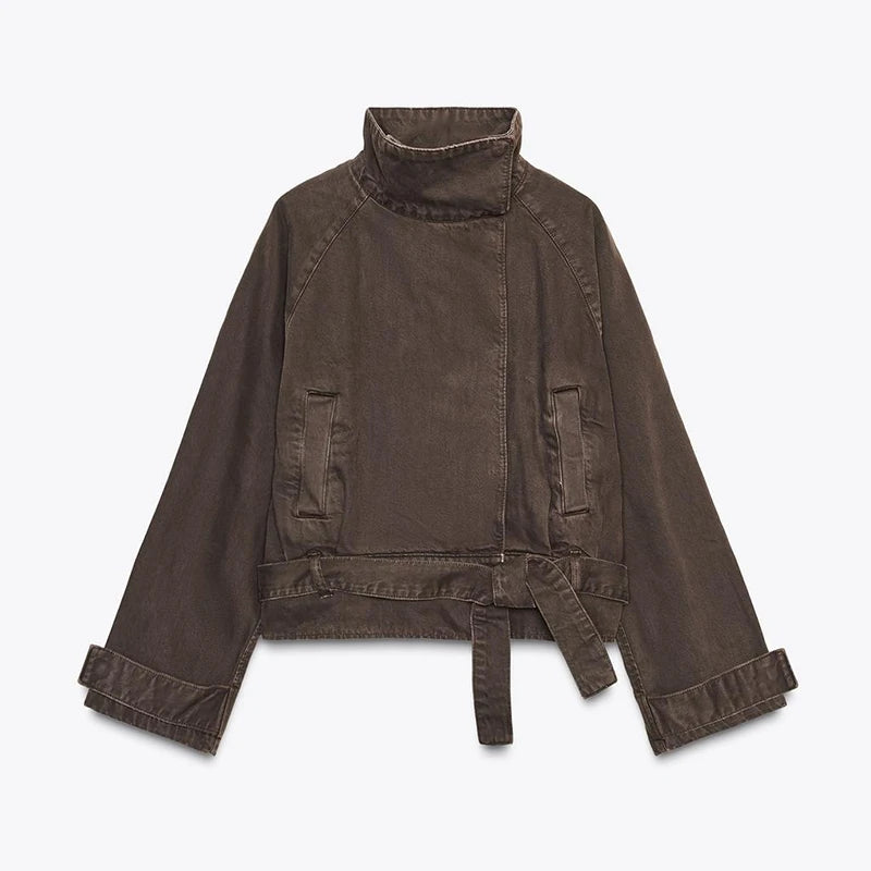 Cyflymder   High Street Women's Jacket Stand Collar Hidden Buttons Belt Lace Up Solid Jackets Female Autumn Fashion Casual Lady Coat