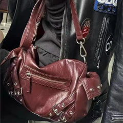 Cyflymder  Vintage Hot Girl Crossbody Bag Women Studded Punk Shoulder Bag Ladies Durable Leather Large Capacity Cylinder Bowling Bag Y2k