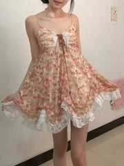 Cyflymder   French Pure Desire Lace Sweet Bud Dress Women New Harajuku Cute Slim Print Suspender Dresses Aesthetic Sexy Vintage Clothes