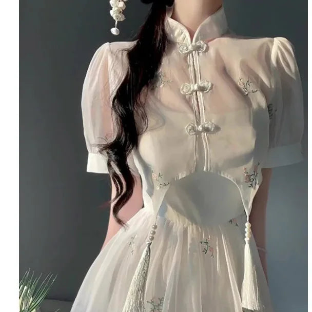 Cyflymder  Dress Sets Summer Women Chinese Style Floral Hight Waist Mesh Midi Dresses Elegant Casual Gentle Wind Female Dress Vestidos