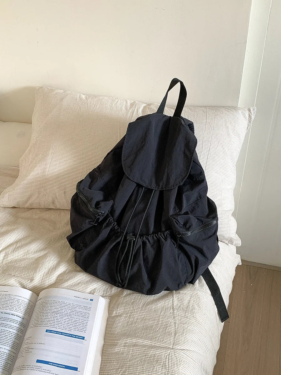 Cyflymder  Nylon Drawstring Pleated Backpack Women Trendy Vintage Casual Schoolbags Casual Travel Students Y2k Aesthetic Simple Backpacks
