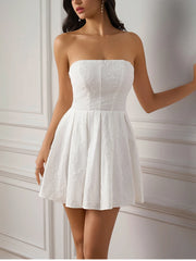 Cyflymder  Summer Tube Top Jacquard Mini Dress Sexy Off-Shoulder Open Back A-Line Shirred Women's Sexy Casual Beach Party Dress