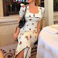 Cyflymder  Fashion Floral Print Vacation Party Dress Women Casual Hight Waist Slim Long Dress Elegant Square Collar Short Sleeve Bohe Dress