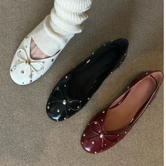Cyflymder  Women Flat Shoes Autumn New Round Toe Shallow Mouth Patent Leather Butterfly Knot Rivet Casual Shoes Soft Sole Single Shoes