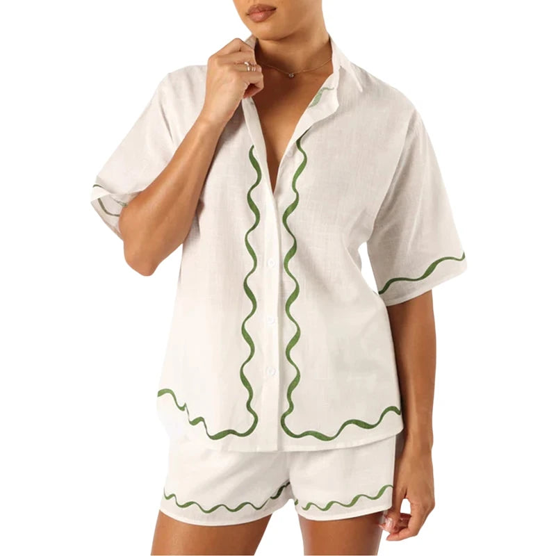 Cyflymder  Boho Beach Style 2 Piece Outfits Fashion Printed Short Sleeve Button Up Blouse Tops + Shorts Set Women Lounge Matching Beachwear