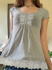 Cyflymder  Women s V-Neck Short Sleeve T-Shirt with Floral Lace Detailing and Button Accents - Casual Loose Fit Top for Summer Spring