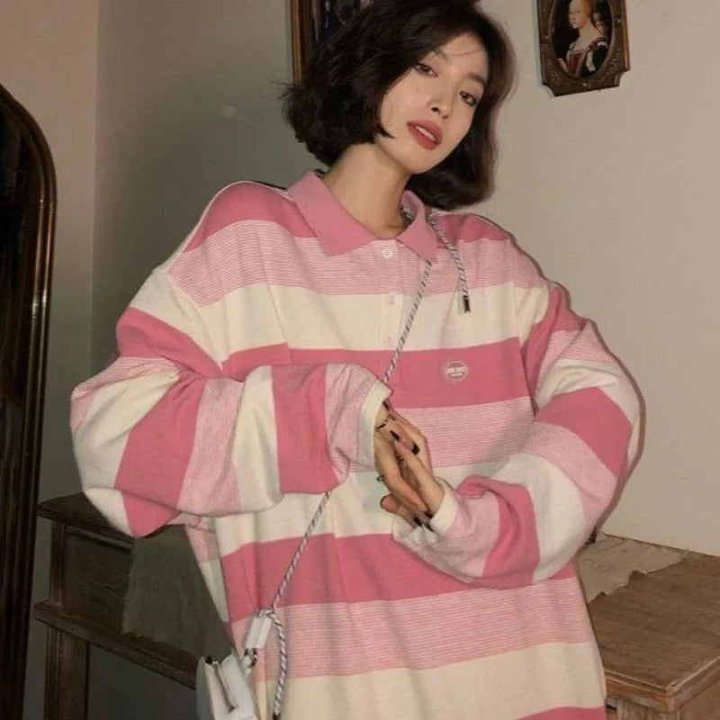 Cyflymder  Harajuku Striped Sweatshirt Women Korean Style Preppy Pullover Female Fashion Polo Sweatshirt Ladies Casual Long Sleeve Top