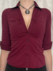 Cyflymder  Y2K Turn-Down Collar Long Sleeve Blouse Solid Color Slim Fit Sexy Pleated Waist Cinching Short Sleeved V-Neck Shirt