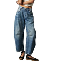 Cyflymder  Women Vintage American Style Denim Jeans New Knee Splicing Design Straight Pants Female Commuter Casual Loose Mid Waist Trousers