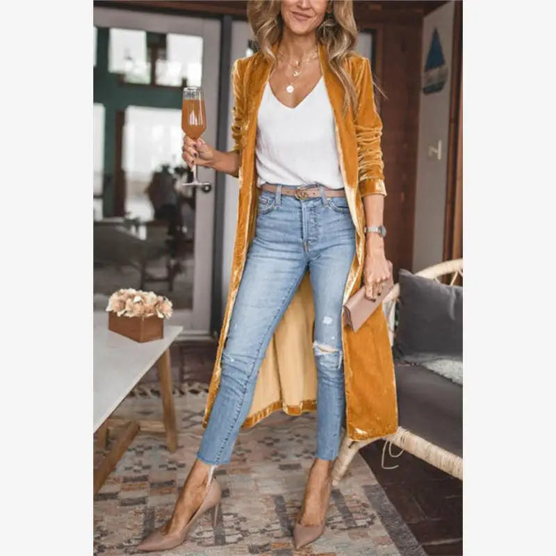 Cyflymder  Spring Autumn New Faion Loose Velvet Elastic Mid-Length Open Cardigan Coat Women's Versatile Straight Tube Polyester Fiber