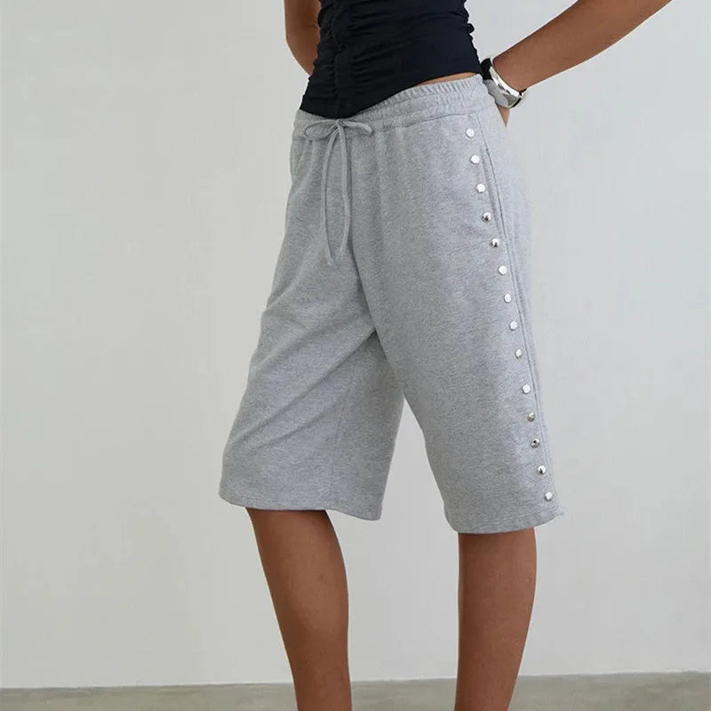 Cyflymder  Women Y2K Vintage Sweat Shorts High Waist Drawstring Elastic Waist Side Snap Button Detail Knee Length Bermuda Shorts Streetwear