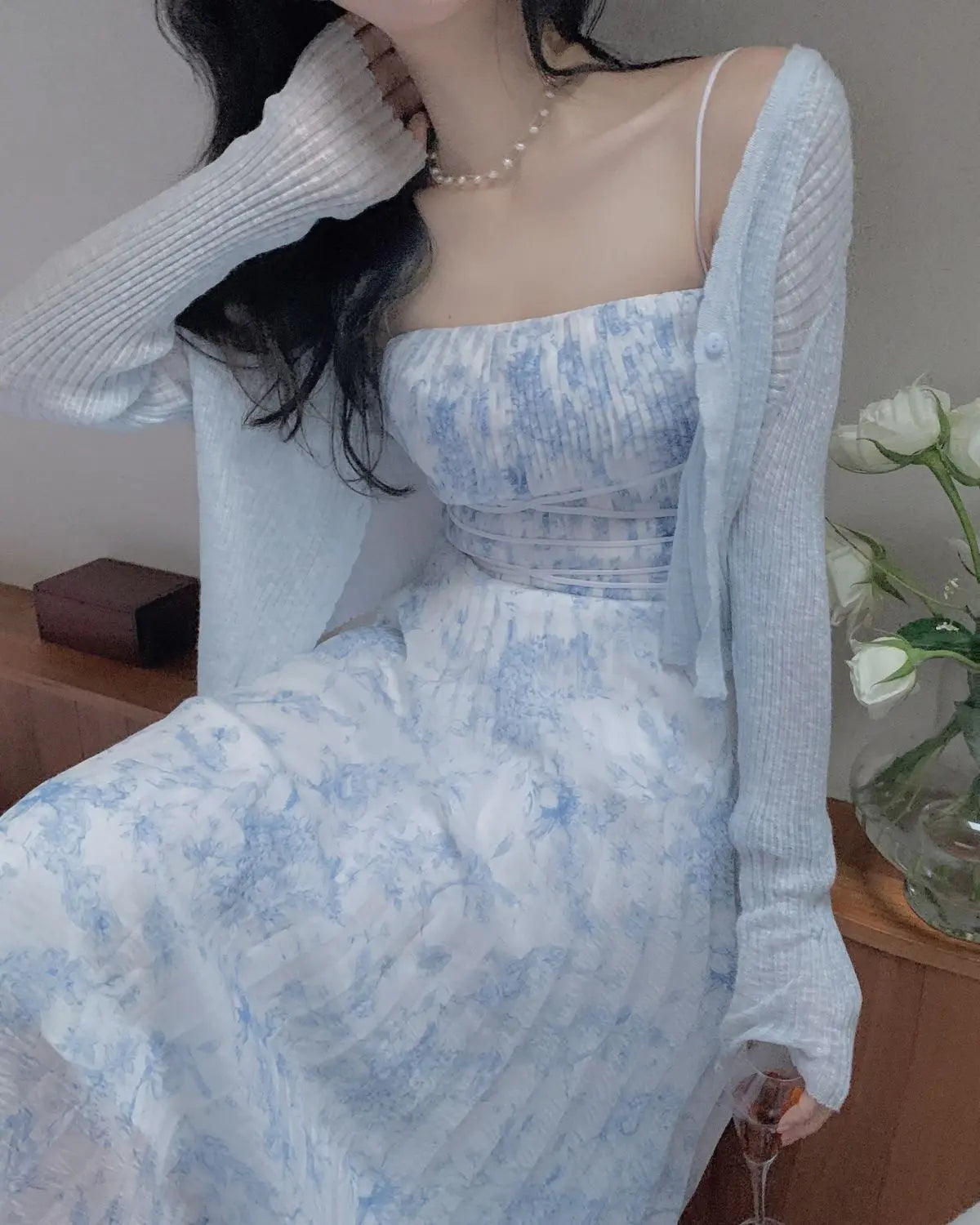 Cyflymder  Spring Summer Dress Cardigan Floral Suspender Skirt Two-piece Suit Dress Women A Line Vintage Korean Midi Dresses