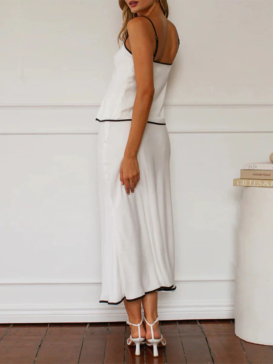 Cyflymder  Elegant Women's 2 Piece Summer Set Contrast Trim V Neck Open Front Knotted Crop Cami Tops Midi Dress for Party Club