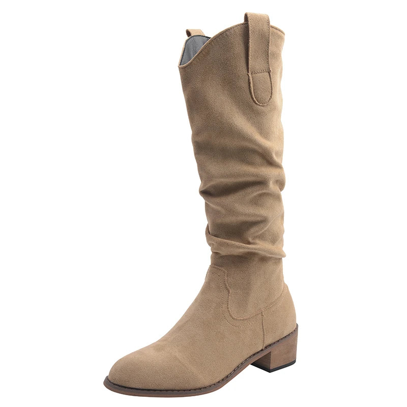 Cyflymder  Autumn Winter Vintage Woman Knight Knee High Boots Shoes Ladies Concise Slip On Western Cowboy Botas