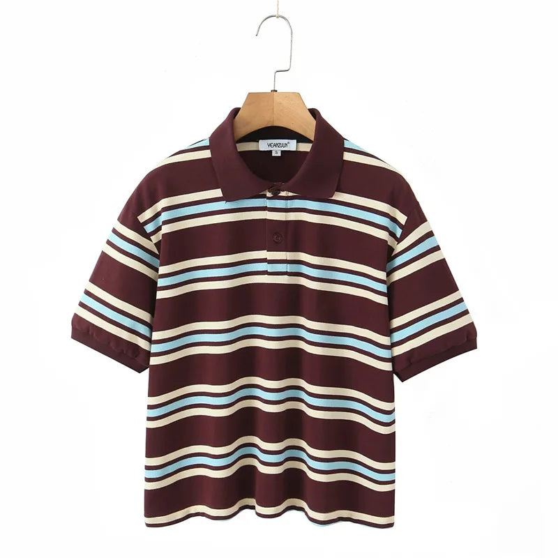 Cyflymder  Loose Fits Casual Street Sle T-irt  Collar Contrast Color Versatile Lazy Sli Top American Retro Striped
