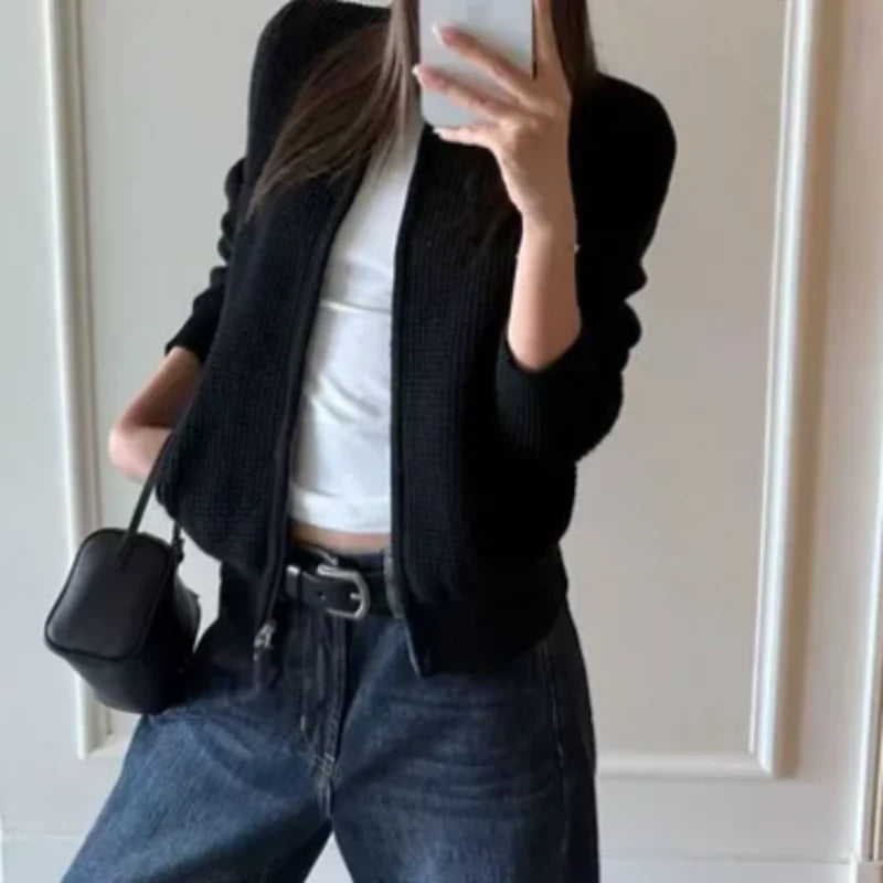 Cyflymder  Spring Autumn Wool Sweater Jacket Women Stand Collar Long Sleeve Slim Zipper Outwear Vintage Wool Cashmere Jumper 267B