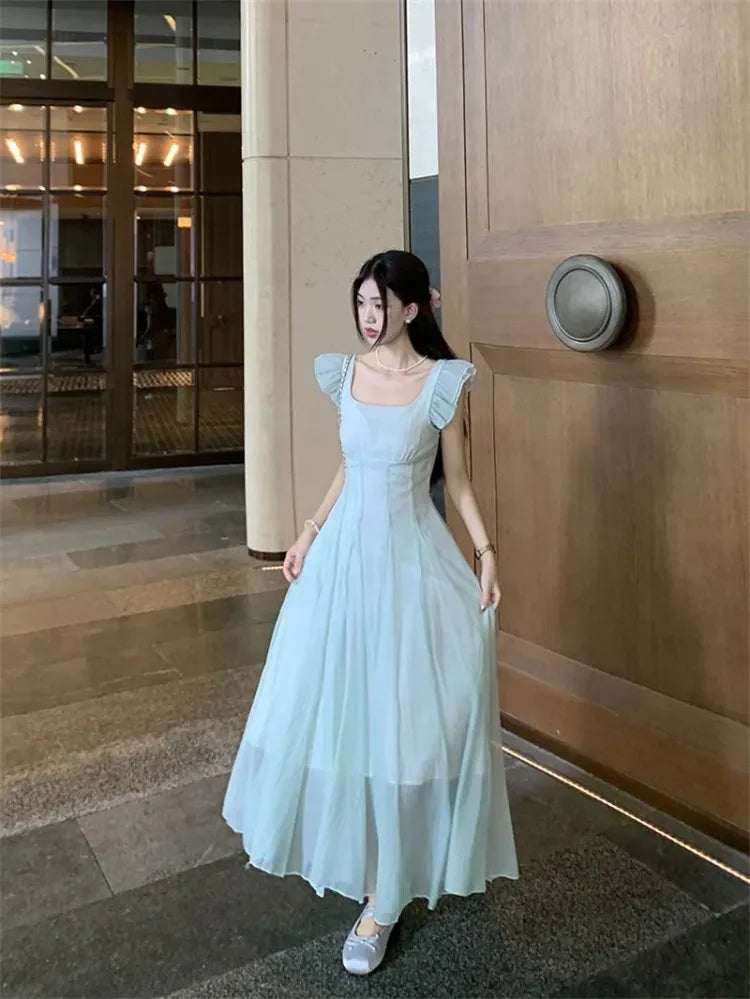 Cyflymder  Dresses Women Gradient Flying Sleeve Ruffles Bandage French Style Sweet Elegant Summer Fashion Dress Party Female