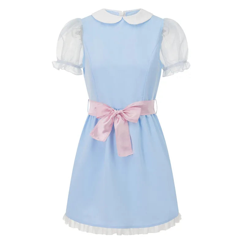 Cyflymder  Halloween Women Summer Mini Sweet Dress Short Sheer Mesh Sleeve Doll Collar Dress with Belt Y2K Vintage Festival Clothes