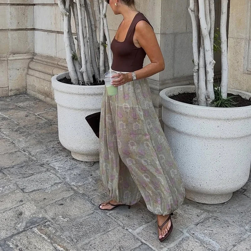 Cyflymder  Elegant Lady High Waist Commute Pants Summer Casual Loose Breathable Wide Leg Pants Vintage Floral Printed Pleated Long Pants