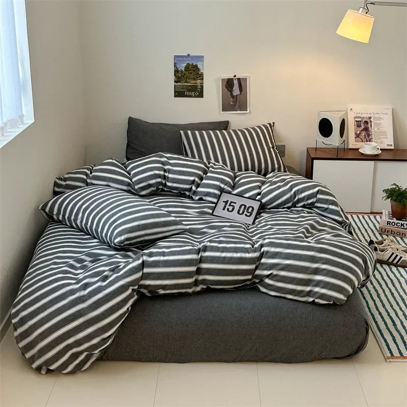 4Pcs Light Luxury Striped Washed Cotton Bedclothes Set Smooth Skin Friendly Soft Bed Sheet Set Home Textile Supplies for Adults