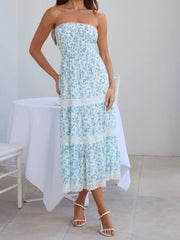 Cyflymder  Women s Strapless Long Dress Sleeveless Lace Patchwork Floral Print Bandeau Dress Summer Midi Dress