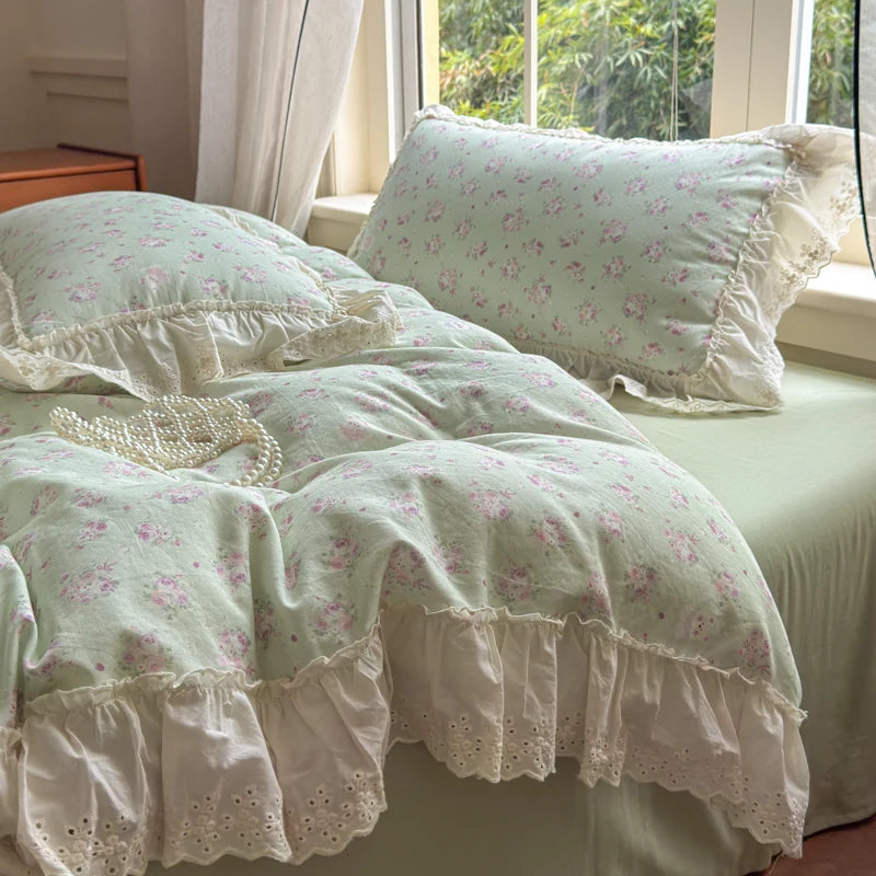 Cyflymder  Korean Princess Style Floral Lace Ruffles Bedding Set 100% Cotton Double Yarn Duvet Cover Flat/Fitted Bed Sheet Pillowcases 4Pcs