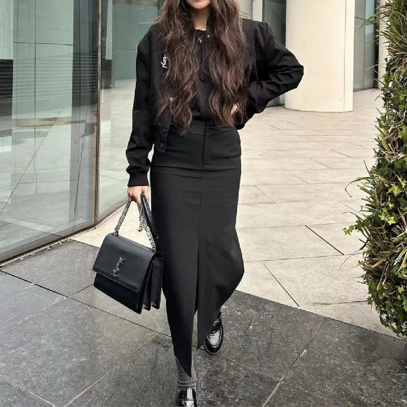 Cyflymder  Sexy Black Front Slit Midi Pencil Skirt Women Spliced High Waist Package Hips Skirts