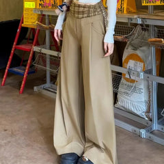 Cyflymder  Fashion Vintage Plaid Patchwork Casual Pants Spring Autumn American High Waist Female Clothing Wide Leg Loose Pockets Trousers