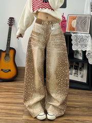 Cyflymder  American Baddie Style Distressed Speckled Printing Wide Leg Jeans Retro Fashion Simple Versatile Women's Denim Pants