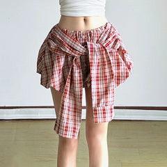 Cyflymder  Plaid Print Bud Skirt Tie-up Waist Single-breasted Decorate A-line Mini Skirts Y2K Aesthetic Low-rise Bottoms Cute Wome