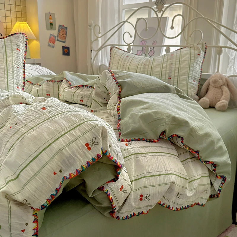 Cyflymder  100% Cotton Yarn-dyed Jacquard Floral Bedding Set Single Queen King Size Duvet Cover Bed Sheet/Fitted Sheet Pillowcases 3/4Pcs