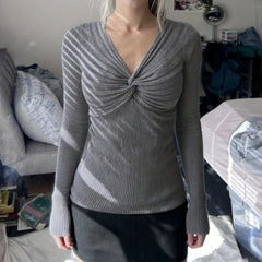 Cyflymder  Autumn Thin Kink V-Neck Pullover Tight Long Sleeve Sweater Women