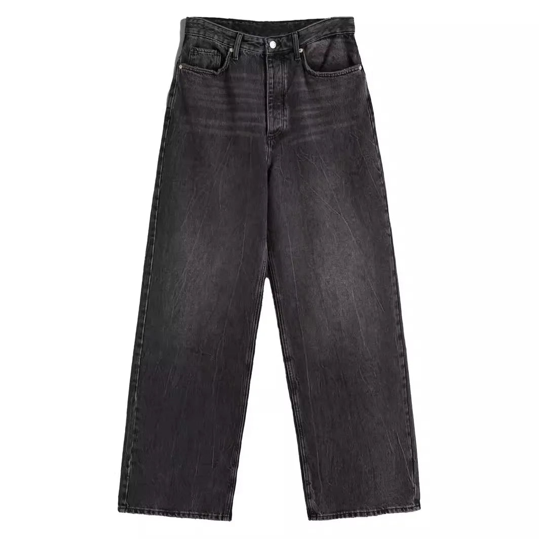 Cyflymder  Simple cat whisker bayonet crafted loose wide leg comfortable jeans for woman