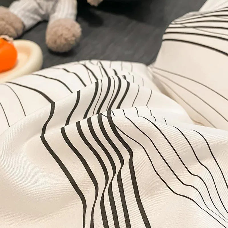 Cyflymder  Simple Nordic Pure Cotton Striped Bedding Set Naked Sleeping Comfortable Duvet Cover Set Fitted Sheet Kit for Single and Double