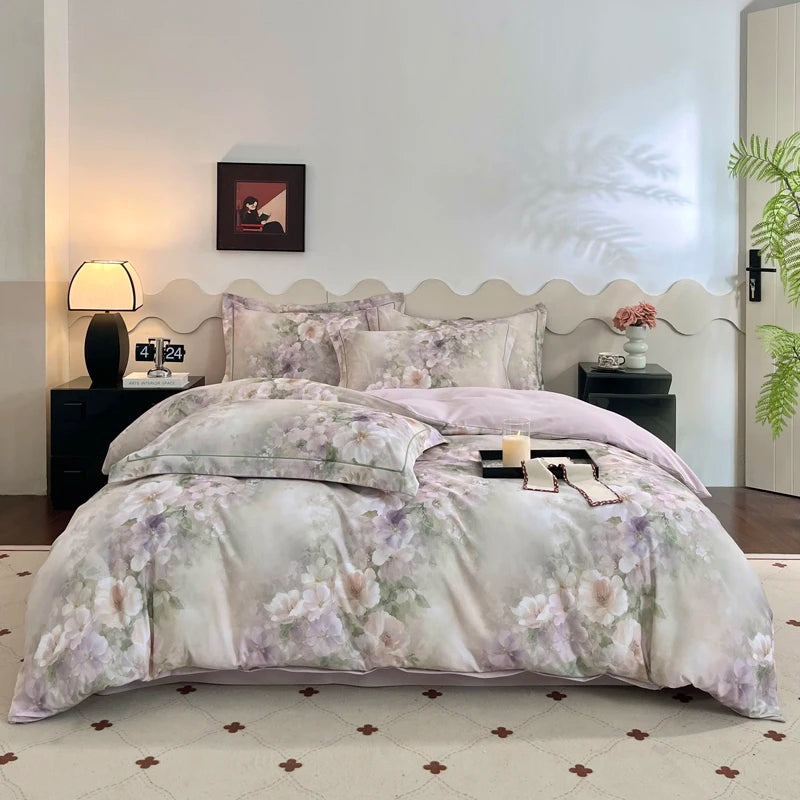 Cyflymder  100% Cotton Flowers Print Luxury Bedding Set Single Double Queen King Size Duvet Cover Flat/Fitted Bed Sheet Pillowcases 3/4Pcs