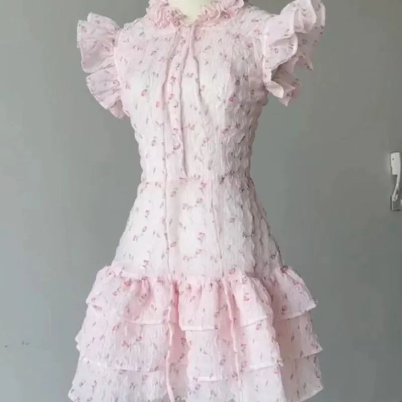 Cyflymder  Sexy Sweet Mini Dresses Women Floral Printed Ruffles Flying Sleeve Bandage Princess Elegant Dress Summer Female Party