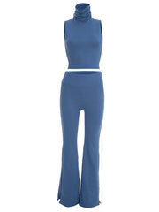 Cyflymder  Solid Color Turtleneck Sleeveless Crop Top and High Waist Slim Long Pants 2 Piece Set for Women Casual Sporty Daily Outfit