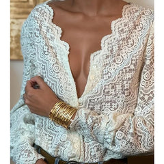 Cyflymder  Elegant White Floral Lace Blouses Shirts For Women Boho Long Sleeve Sexy V Neck Vintage Ladies Tops Casual Blouse Shirt Blusas