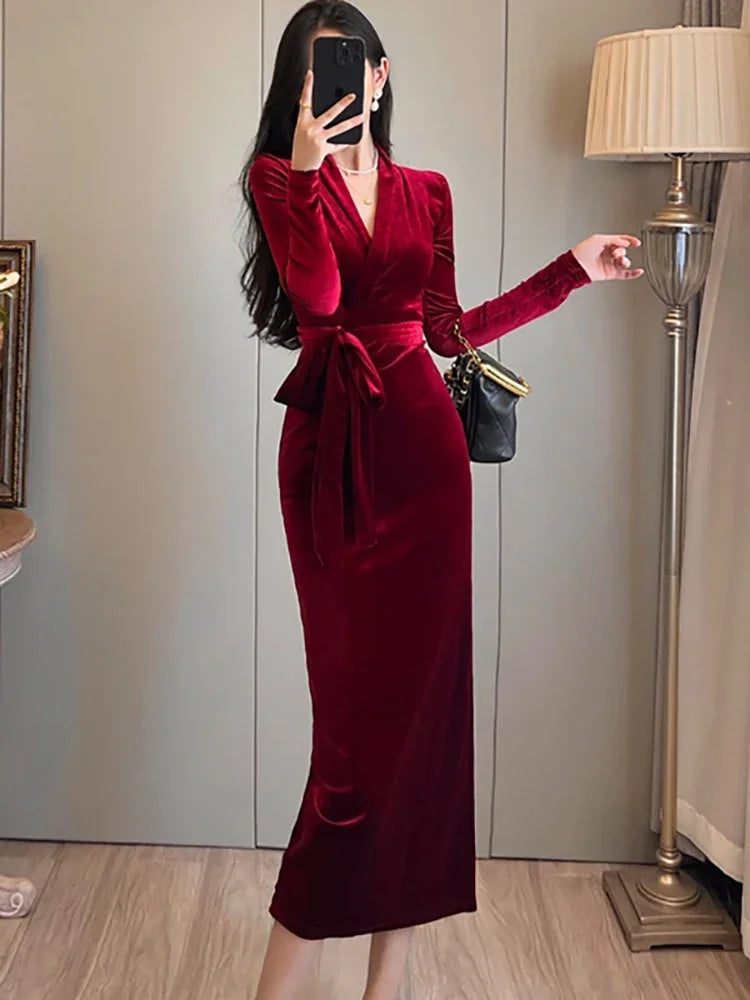 Cyflymder DRESS TO IMPRESS Autumn-winter Red Velvet Chic Bow Bandage Long Dress Luxurious Elegant Korean Vintage Evening Dresssheer Dresses for Women